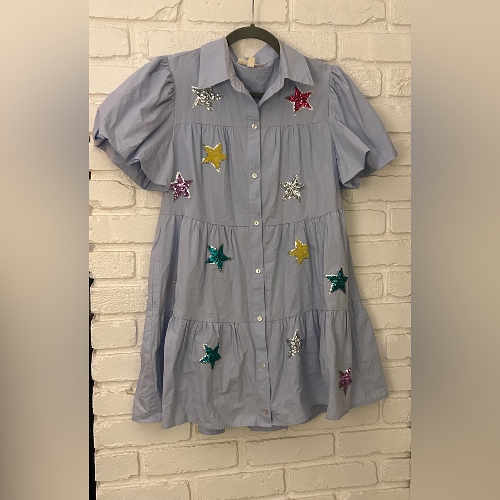 Peach Love California Blue Button Up Sequin Star Dress